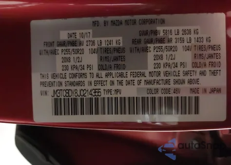 2018 Mazda Cx-9 Grand Touring z USA, uszkodzony, nr VIN JM3TCBDY8J0214355